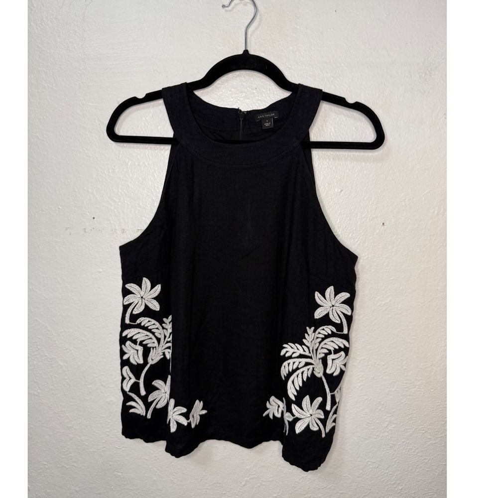 Ann Taylor Women's Small Tank Top Black White Floral Embroidered Linen Blend